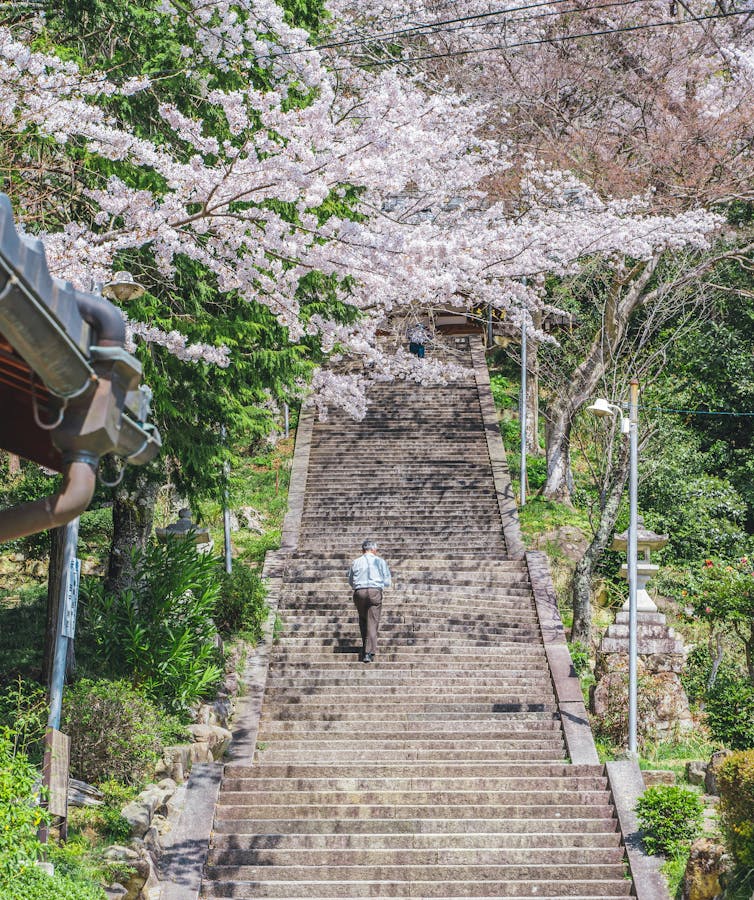 An older man climbs some stairs alone.